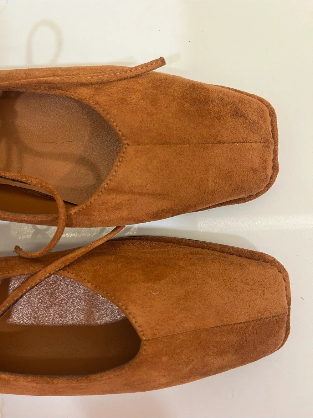 NWOT SUIARA Cognac Suede Square Toe Lace-Up Ballet Flats